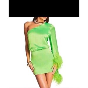 NWT Retrofete Allegra Sz S Dress  Lime Punch One Sleeve Feathers Boa Mob Wife